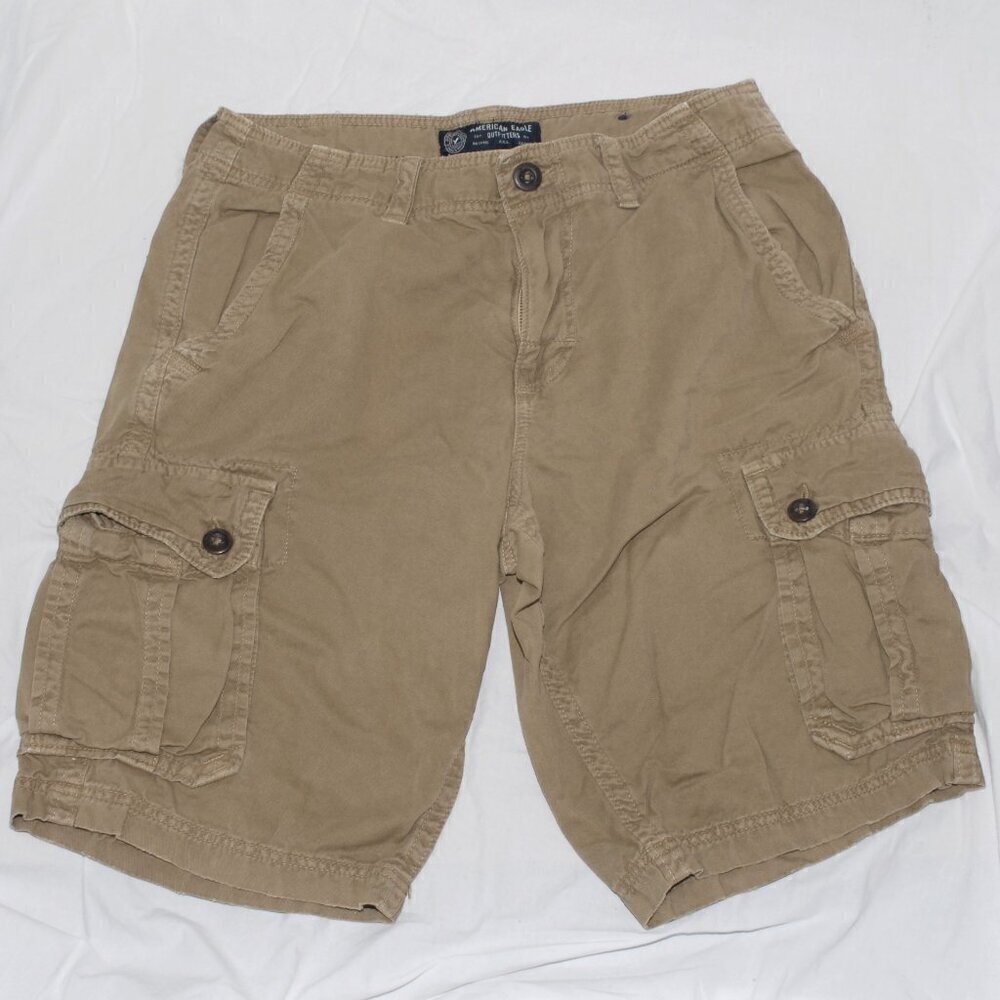 12” inseam 6 Pockets GUC Size 32 Cargo Jean Shorts Camel Dark Tan Denim